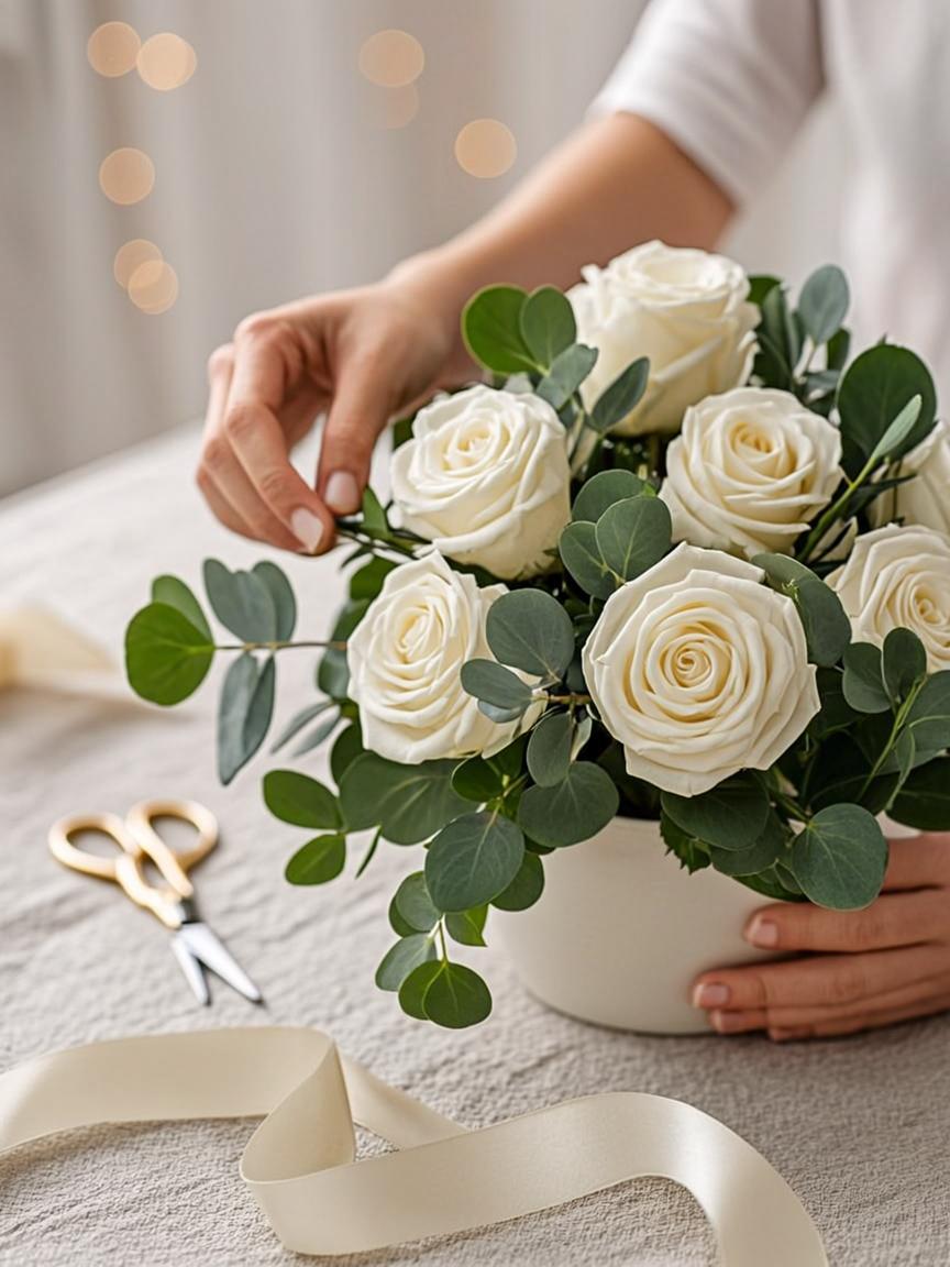 Event designer arranging floral centerpiece with warm golden light
