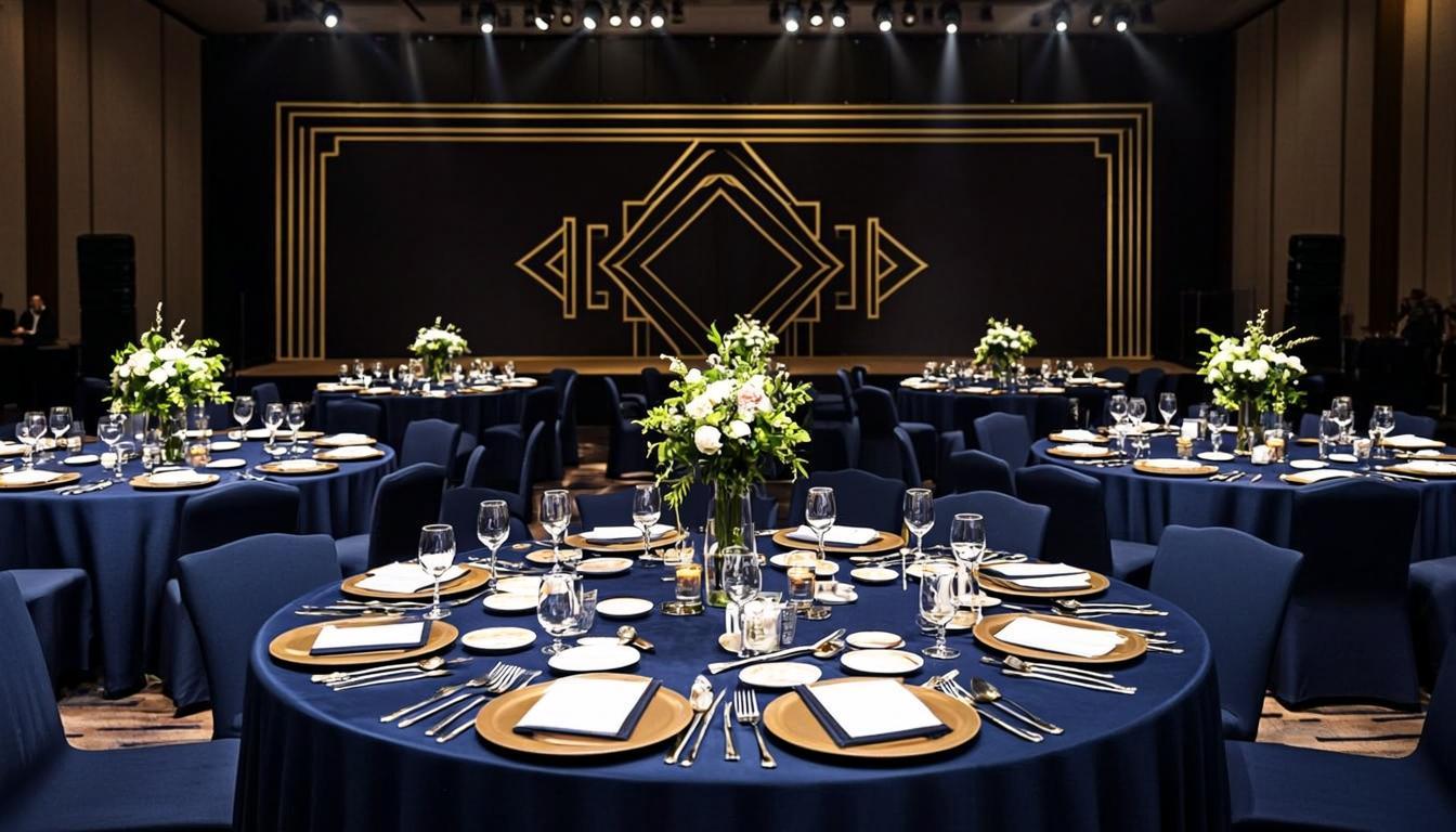 Sophisticated corporate awards gala with navy linens and gold accents