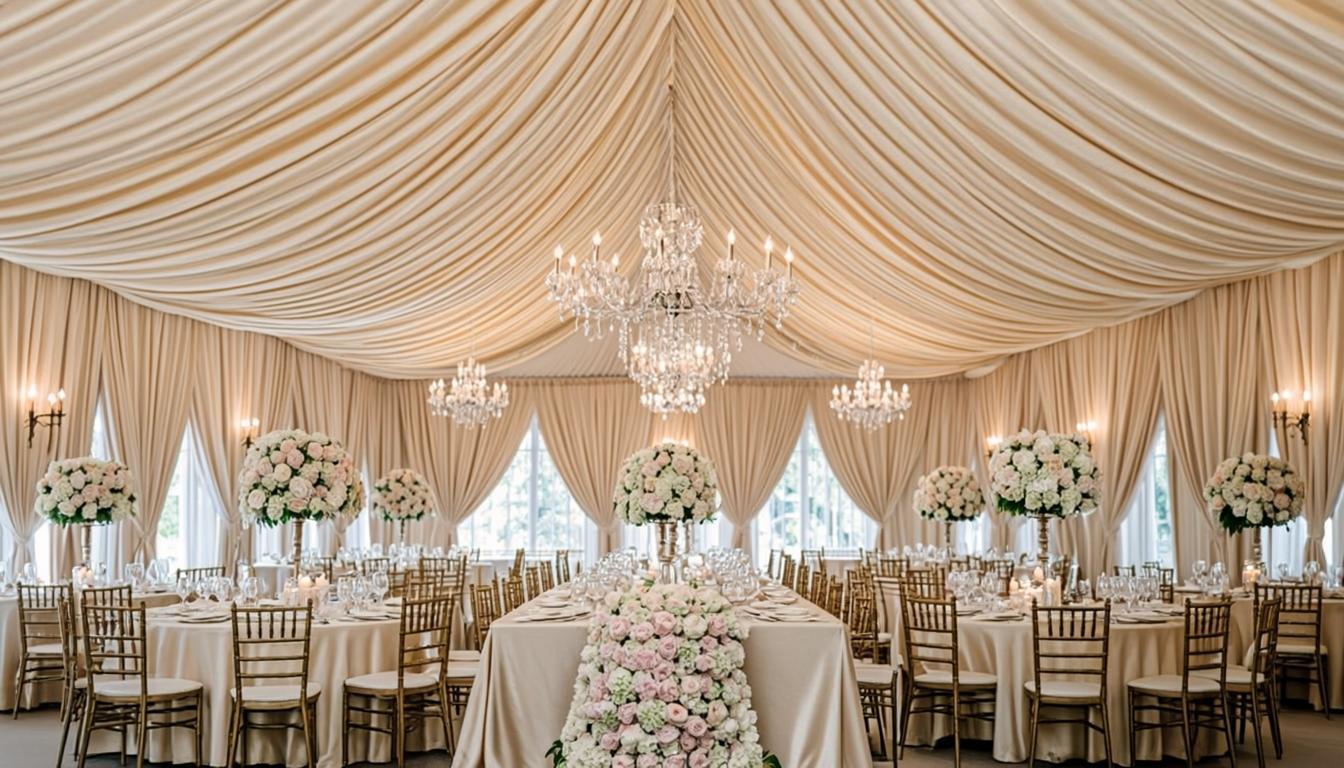 Elegant transformed event hall with ceiling drapery and floral arrangements