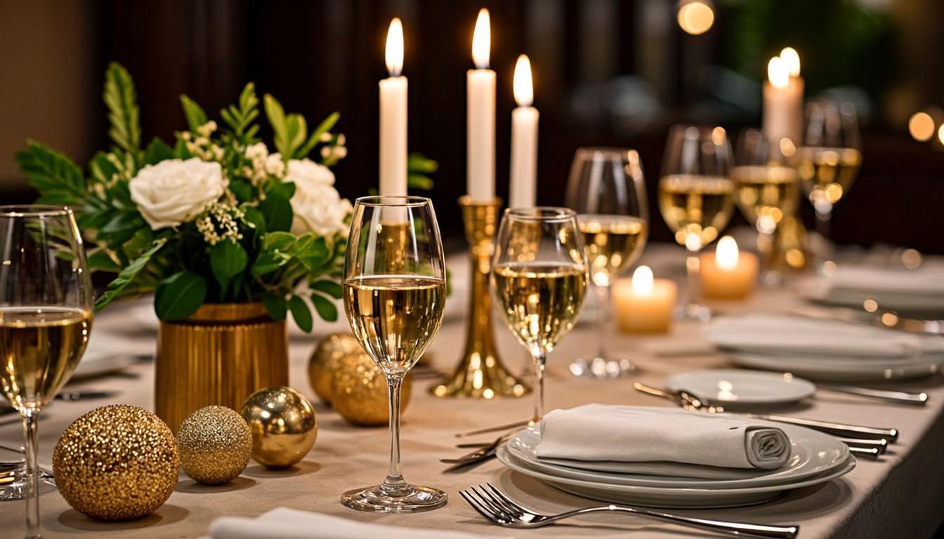 Festive seasonal celebration with holiday décor and warm golden lighting